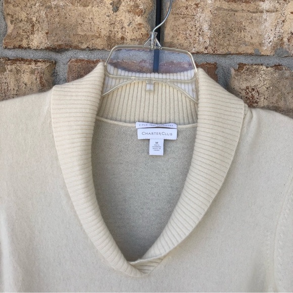 Charter Club 2-PLY Cashmere Shawl Neck Long Sleeve Light Ivory Top M - Picture 3 of 11